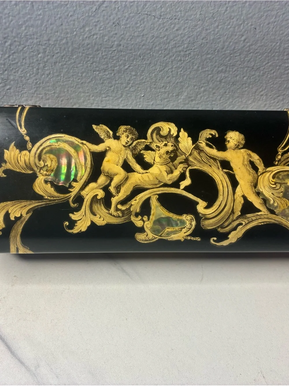 Signed 1972 Paula Geoffroy Lacquer Jewelry Box with Abalone Inlay